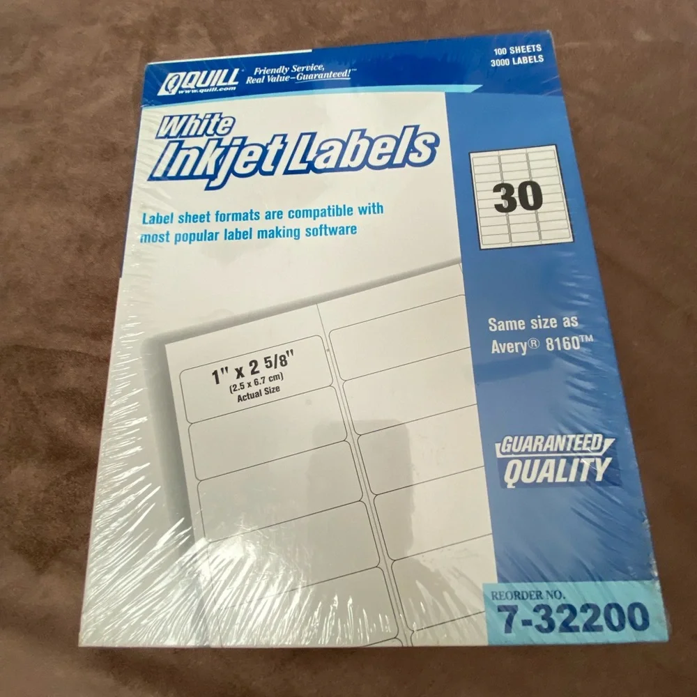 Quill White InkJet Labels. 3000 labels, 100 sheets. 30 per page. Sealed, NIB